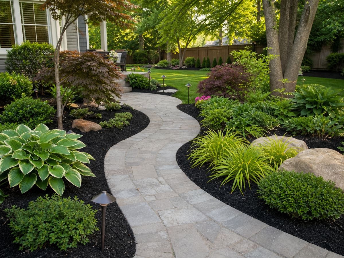 Curved backyard walkway with clean dark mulch beds, trimmed plants, hostas, and tidy borders.