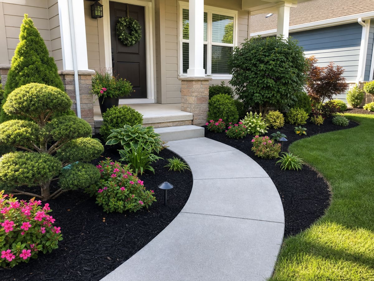 Front entry walkway with clean edging, dark mulch beds, shaped shrubs, flowers, and green lawn.