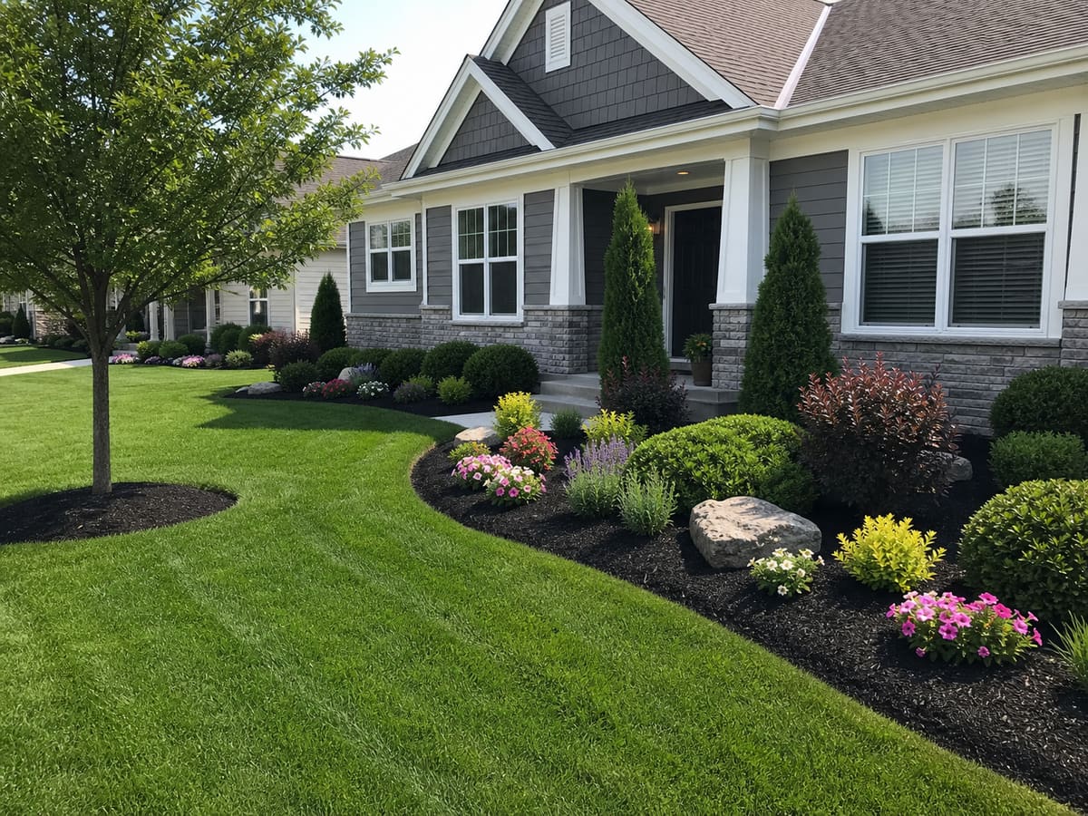 Freshly mowed residential lawn with dark mulch beds, flowers, shrubs, and clean edging.