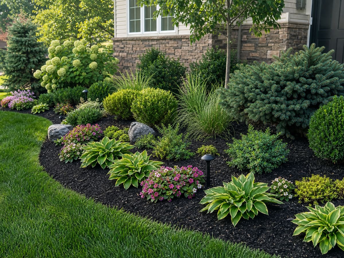 Layered residential planting bed with dark mulch, shrubs, ornamental grasses, hostas, and flowers.