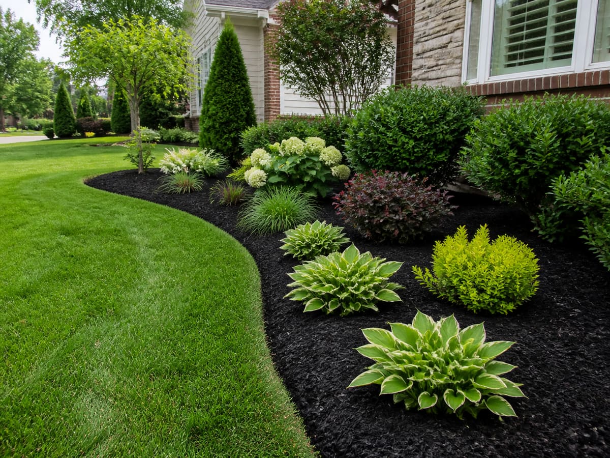 Clean lawn edge beside a freshly mulched residential planting bed with shrubs and hostas.