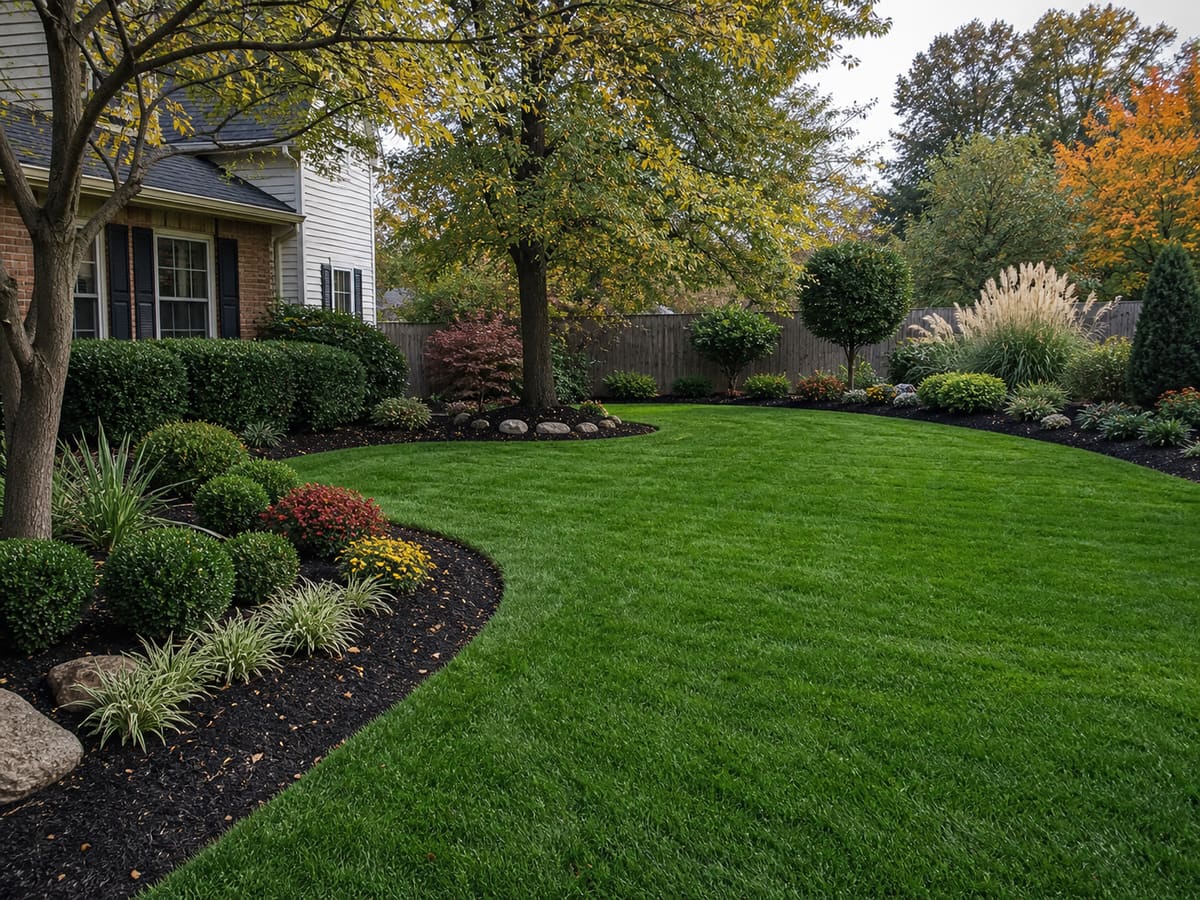 Clean residential yard after seasonal cleanup with trimmed beds, dark mulch, and fall trees.